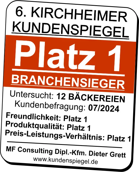 Auszeichnung 6. Kirchheimer Kundenspiegel: Platz 1 Branchensieger – Platz 1 in Freundlichkeit, Produktqualität und Preis-Leistungs-Verhältnis, Kundenbefragung 07/2024